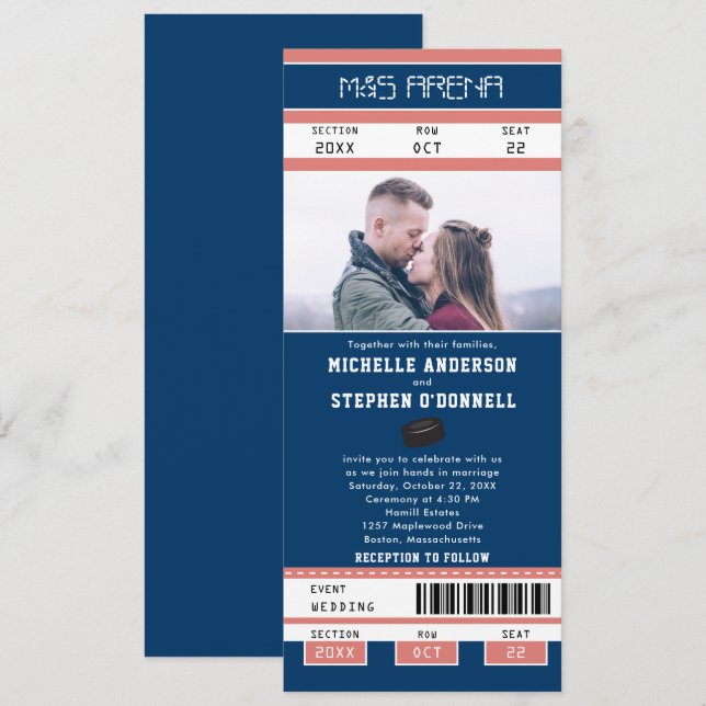 Invitation Mariage de billet de la Marine Blue Hockey (Devant / Derrière)