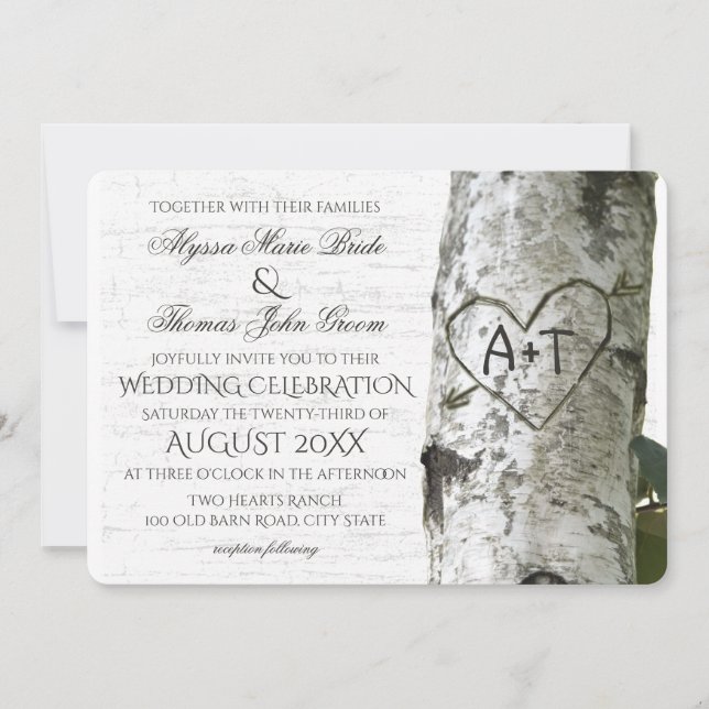 Invitation Mariage de Birch Tree rustique avec coeur sculpté (Devant)