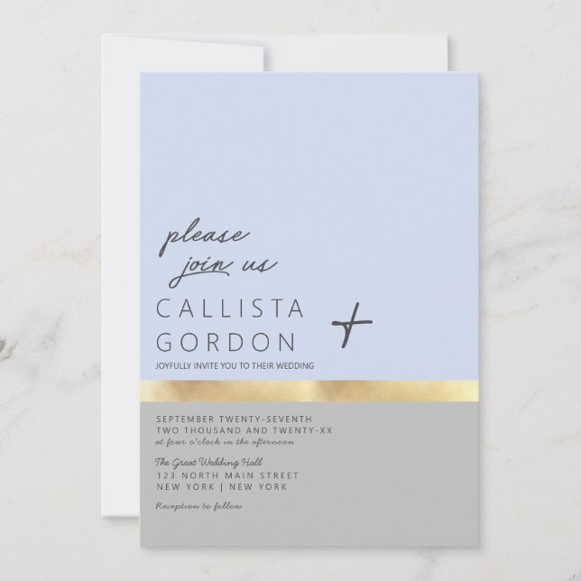 Invitation Mariage de bloc couleur or gris bleu minimaliste (Devant)