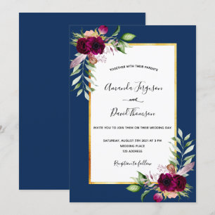 Invitation Mariage de boho en or bleu marine bordeaux