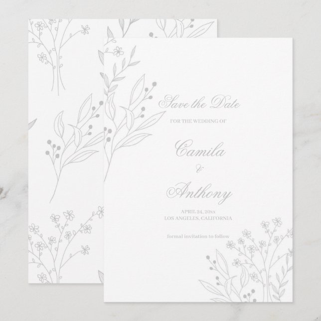 Invitation Mariage de Boho Floral Corner Argent (Devant / Derrière)