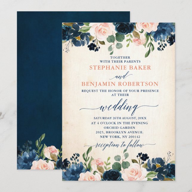 Invitation Mariage de Boho Russe Rose Rose Rose Bleu Marine (Devant / Derrière)
