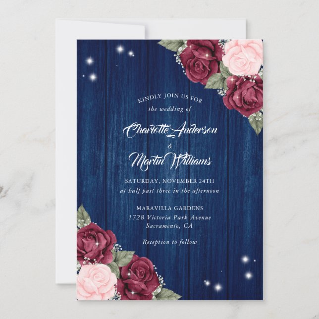 Invitation Mariage de bois rustique Bleu Blush de la marine d (Devant)