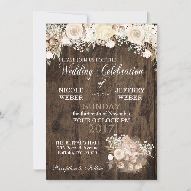 Invitation Mariage de bois rustique Floral (Devant)