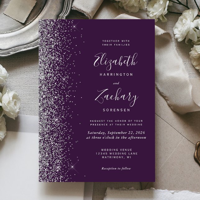 Invitation Mariage de bord de Parties scintillant d'argent fo (The perfect choice for a purple and silver themed wedding.)