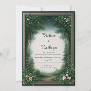 Invitation Mariage de bordure de bois émeraude de lucioles