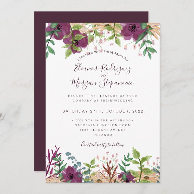Invitation Mariage de bordure florale violette de Bourgogne (Devant / Derrière)