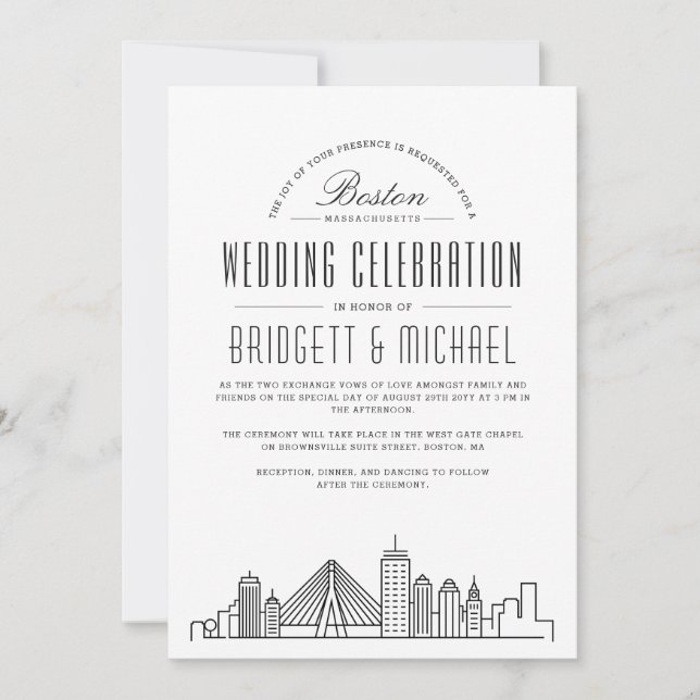 Invitation Mariage de Boston | Ligne Skyline Ville Déco Moder (Devant)