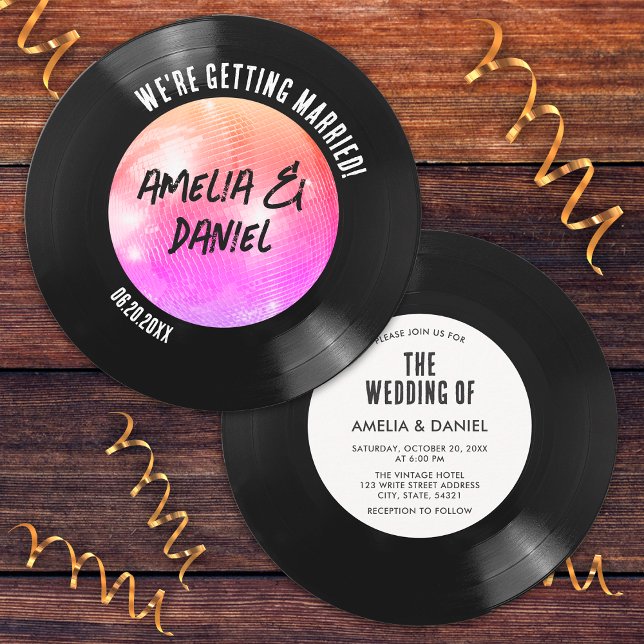 Invitation Mariage de boule de disco rose orange rétro (Front/Back)