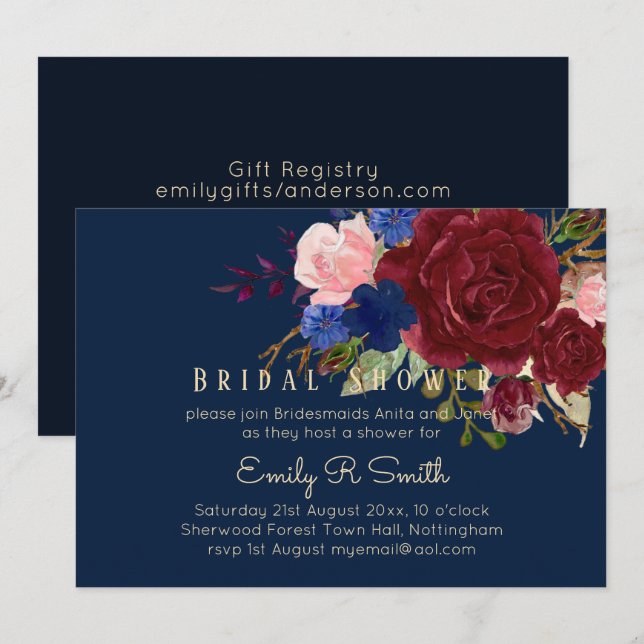 Invitation Mariage de bouquet floral bleu Bourgogne (Devant / Derrière)