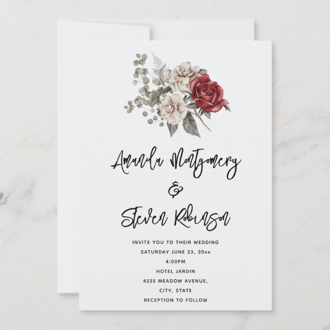 Invitation Mariage de bouquet floral crème et rose rouge Boho (Devant)
