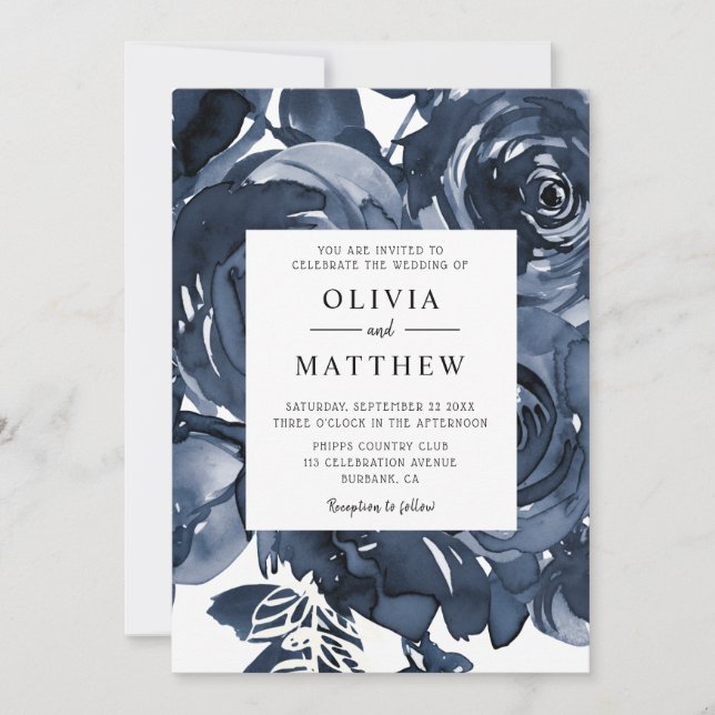 Invitation Mariage de bouquet Rose moderne bleu foncé (Devant)