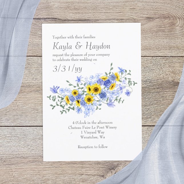 Invitation Mariage de bouquet Sunflowers et Blue Rose (yellow sunflowers and dusty blue roses wedding invitations, sunflower bouquet)