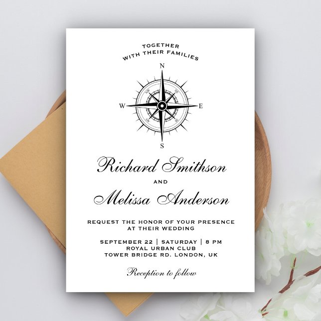 Invitation Mariage de boussole marine noir et blanc moderne (Créateur téléchargé)