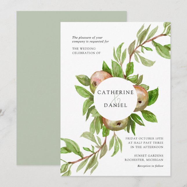 Invitation Mariage de branche de pomme aquarelle (Devant / Derrière)