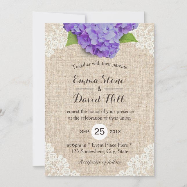Invitation Mariage de Burlap de dentelle florale Rustique vio (Devant)