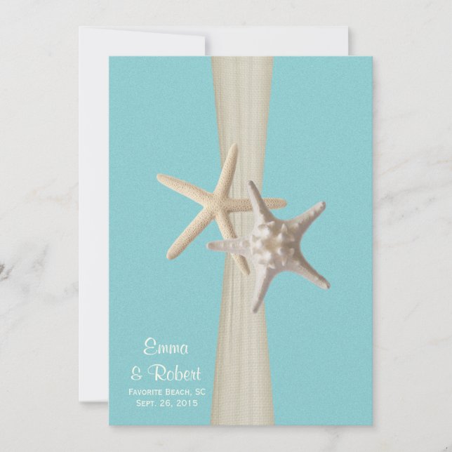 Invitation Mariage de Burlap et Starfish Aqua Beach (Devant)