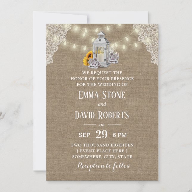 Invitation Mariage de Burlap pour lanternes et cordes rustiqu (Devant)