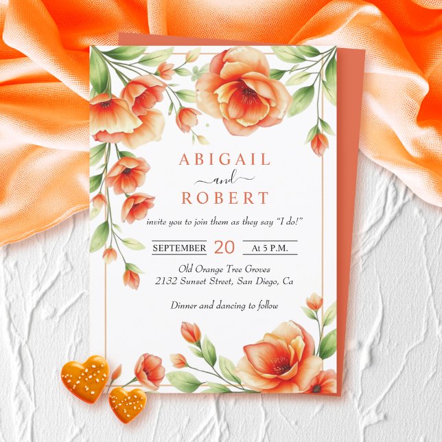 Invitation Mariage de cadre à fleurs orangées au coucher du s (Créateur téléchargé)