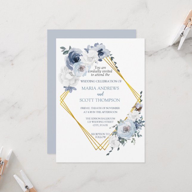 Invitation Mariage de cadre bleu bleu bleu floral or (Devant/Arrière en situation)