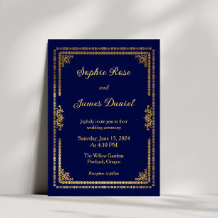 Invitation Mariage de cadre bleu et or de la marine de luxe