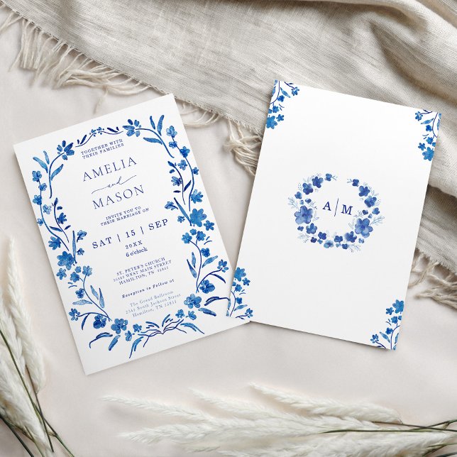 Invitation Mariage de cadre bleu Floral (Front and back of blue watercolor floral frame wedding invitation)