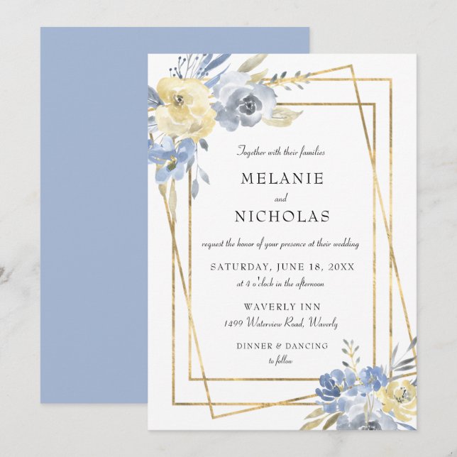 Invitation Mariage de cadre bleu floral Dusty (Devant / Derrière)