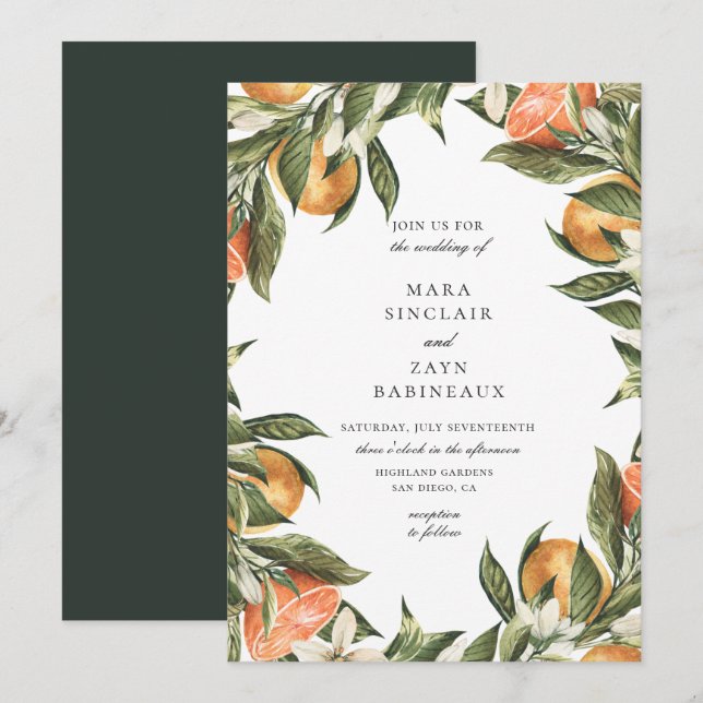 Invitation Mariage de cadre d'agrumes botaniques Orange Grove (Devant / Derrière)