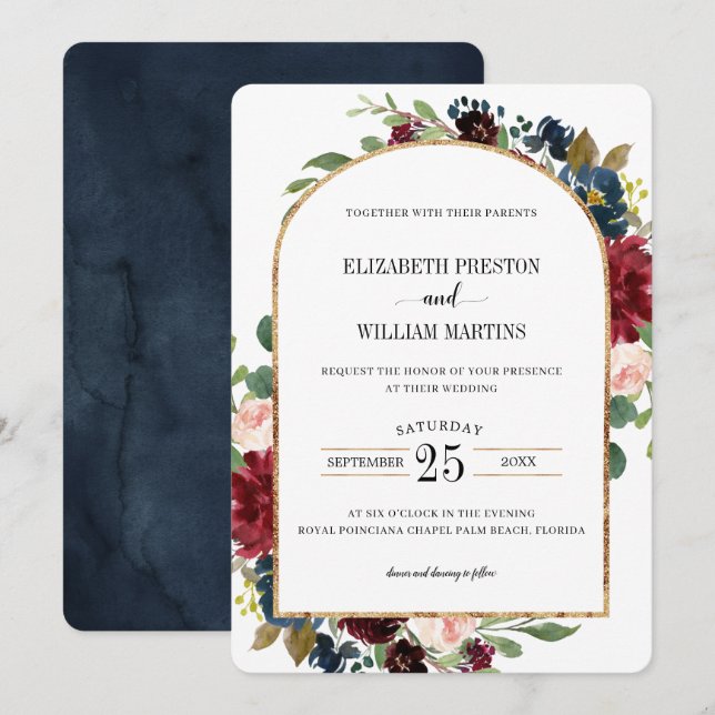 Invitation Mariage de cadre d'arc floral bleu marine (Devant / Derrière)