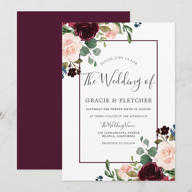 Invitation Mariage de cadre de bordure pour les fleurs rousse (Devant / Derrière)