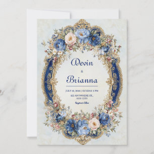 Invitation Mariage de cadre de couleur bleue et or victorienn
