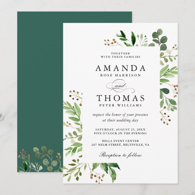 Invitation Mariage de cadre de feuillage des Feuilles verts (Devant / Derrière)