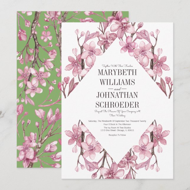 Invitation Mariage de cadre de fleurs de cerisier rose (Devant / Derrière)