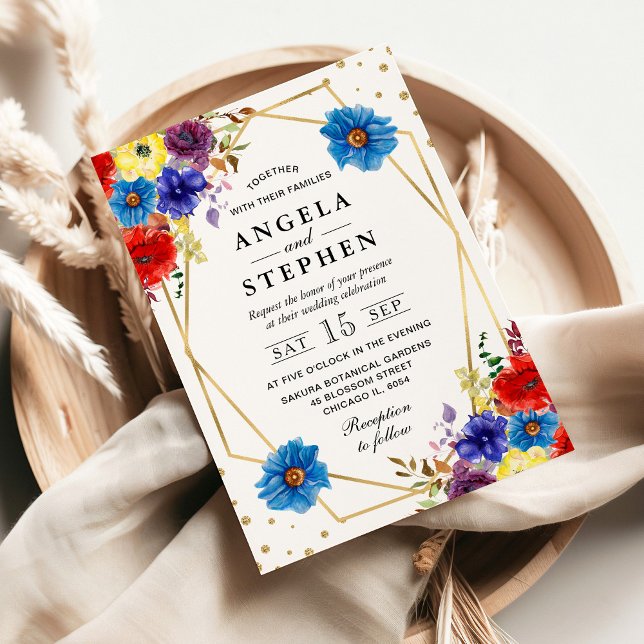 Invitation Mariage de cadre de fleurs d'été rouge, violet et  (Créateur téléchargé)