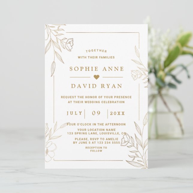 Invitation Mariage de cadre de fleurs or Rose de luxe (Debout devant)