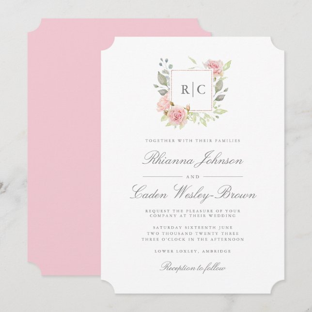 Invitation Mariage de cadre de monogramme de roses roses lavé (Devant / Derrière)