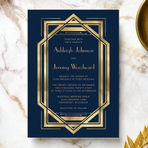 Invitation Mariage de cadre déco Vintage or bleu marine année