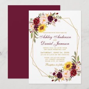 Invitation Mariage de cadre d'or géométrique Floral Bourgogne