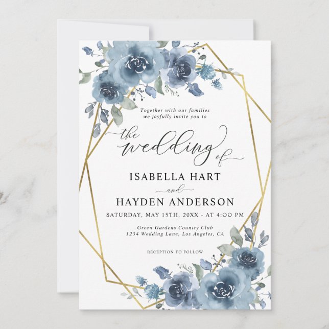 Invitation Mariage de cadre doré bleu chic floral moderne (Devant)