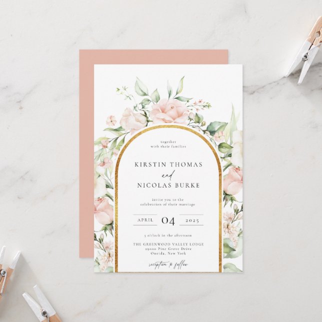 Invitation Mariage de cadre en arc floral et botanique (Devant/Arrière en situation)