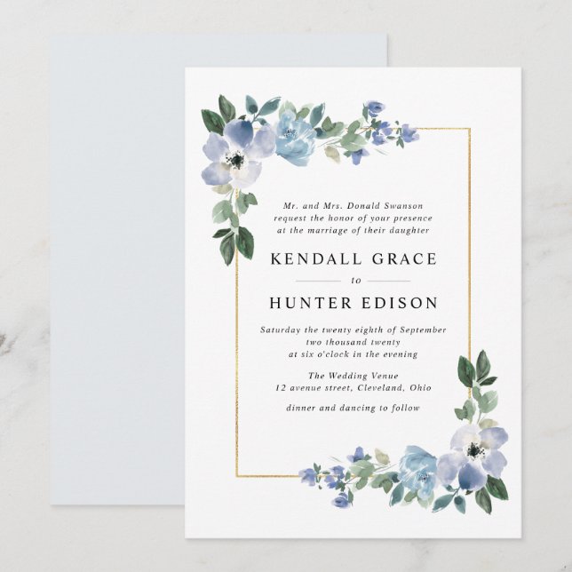 Invitation mariage de cadre floral bleu et vert peint (Devant / Derrière)