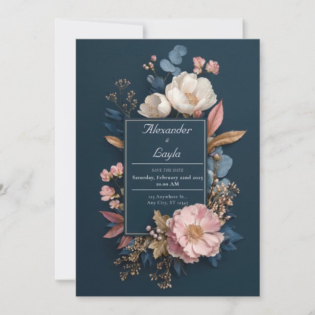 Invitation Mariage de cadre floral bleu marine (Devant)