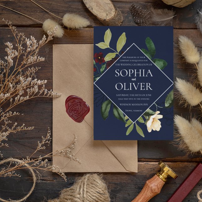 Invitation Mariage de cadre floral géométrique de la marine d (Créateur téléchargé)