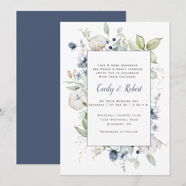 Invitation Mariage de cadre floral gris gris gris gris bleu f (Devant / Derrière)