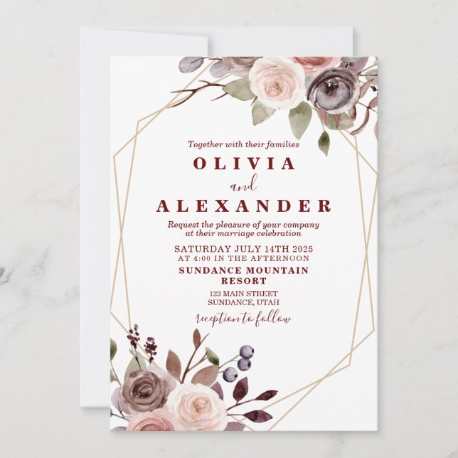Invitation Mariage de cadre géométrique Floral de la Bourgogn (Devant)