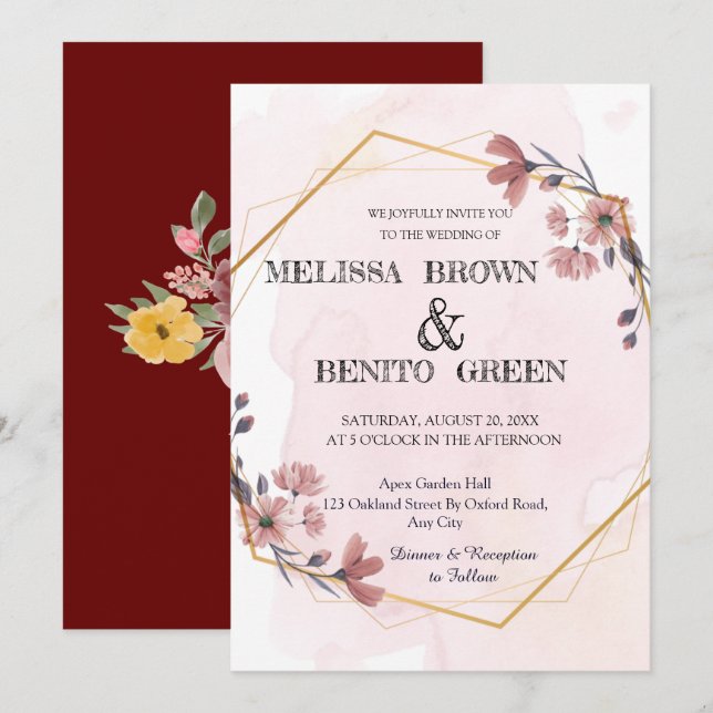 Invitation Mariage de cadre géométrique floral moderne (Devant / Derrière)