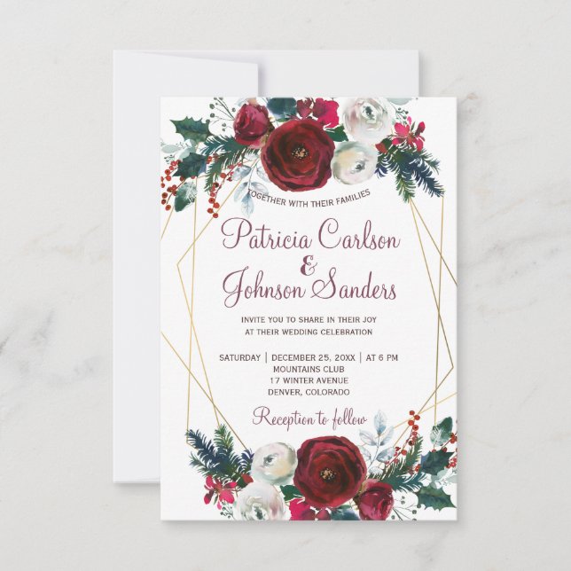 Invitation Mariage de cadre géométrique rouge bordeaux (Devant)