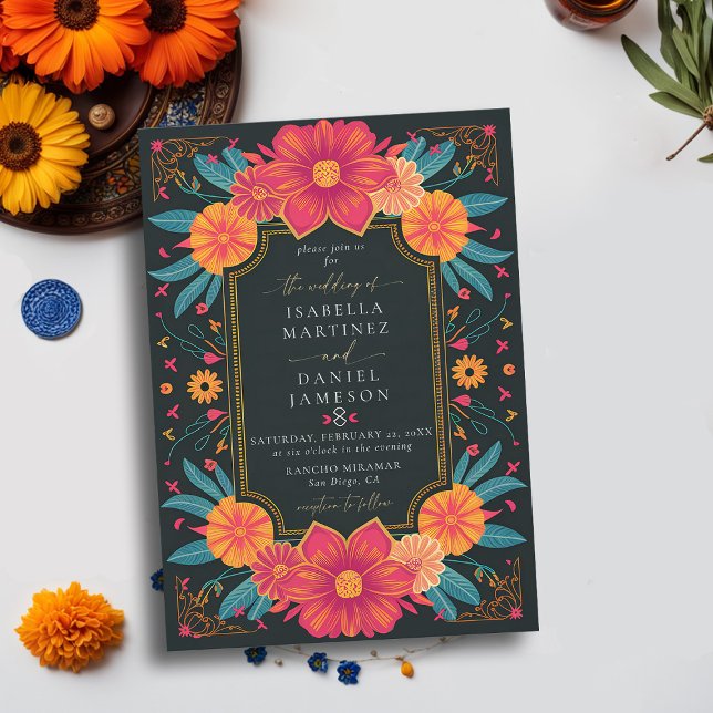 Invitation Mariage de cadre Rancho mexicain élégant en gras (rancho mexican wedding invitation fiesta hacienda watercolor floral frame elegant modern classy)