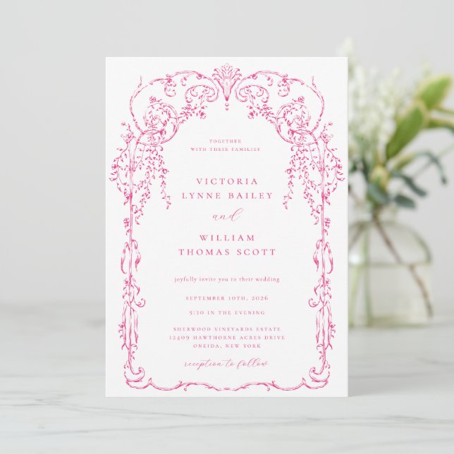 Invitation Mariage de cadre victorien rose Cerise (Debout devant)