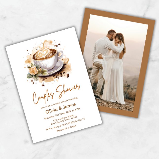Invitation Mariage de café Floral Photo Couples Fête des mari (Floral Coffee Wedding Photo Couples Bridal Shower Invitation )